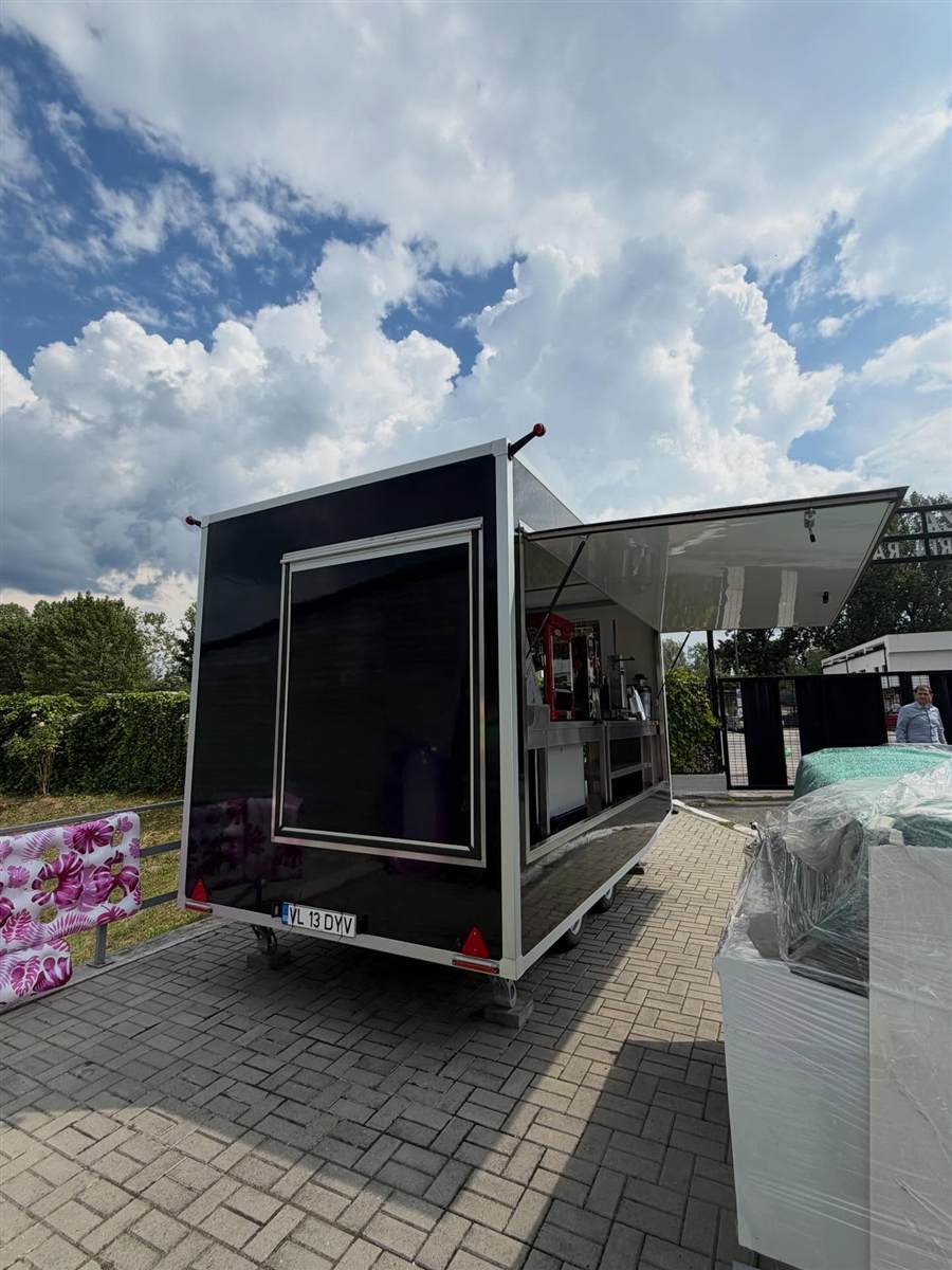 Street-food trailer, rear view with hatch open